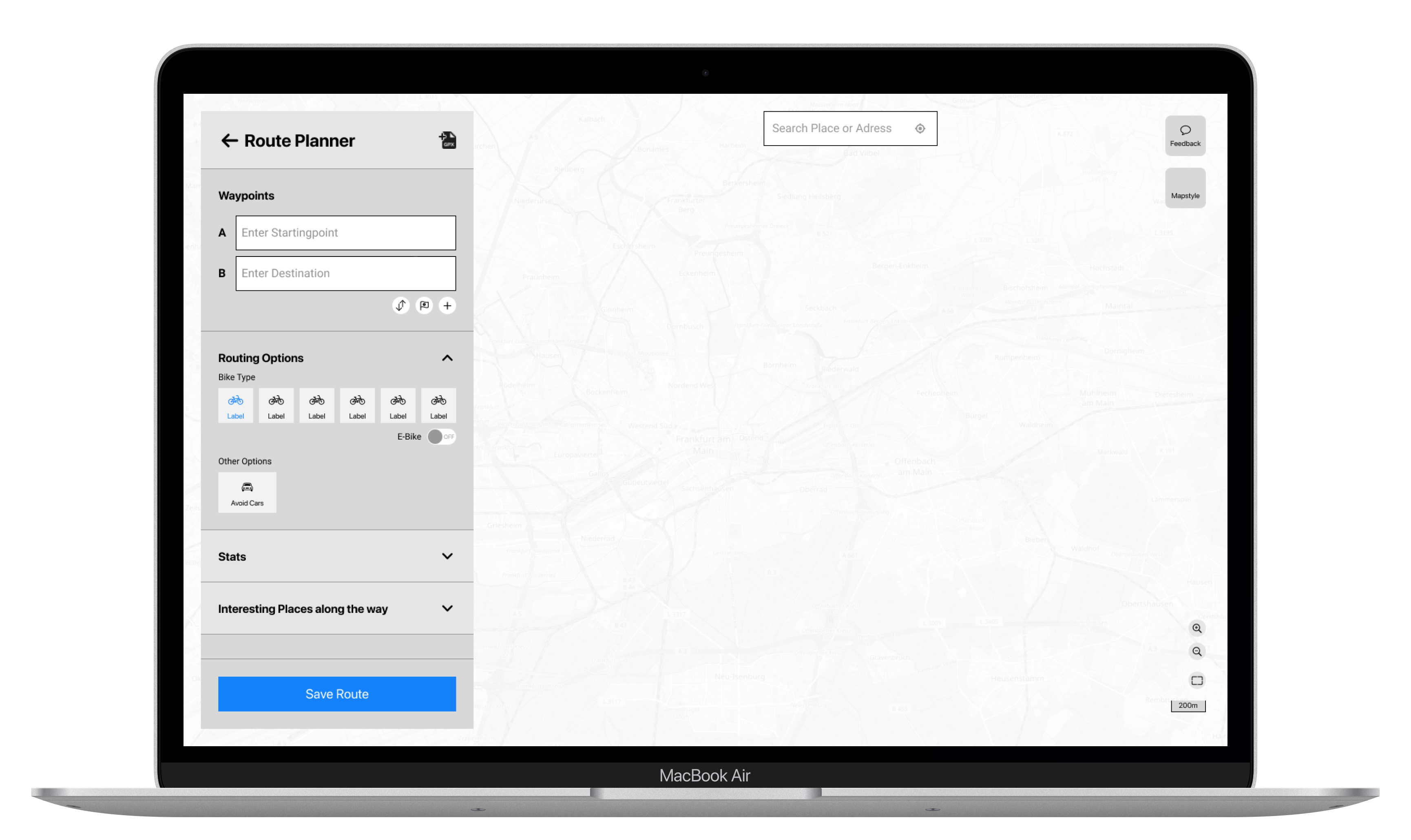 Image of a Mac Book mockup with a Wireframe design of the Route Planning Application for cycling.